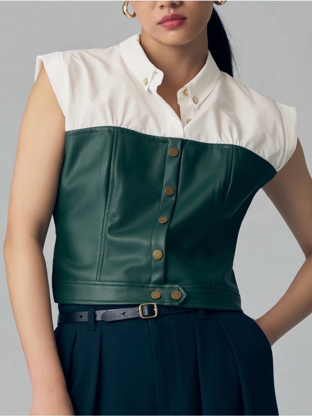Maeve Anthropologie Faux Leather Paneled Top Dark Green XS